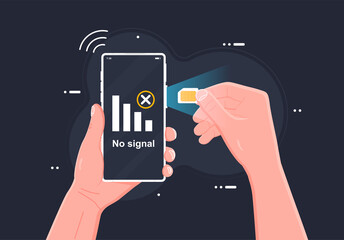 SIM card concept in vector illustration. Mobile network with microchip technology. Web banner layout template. Modern telecommunications, people using mobile Internet and telephone. Human hand inserts