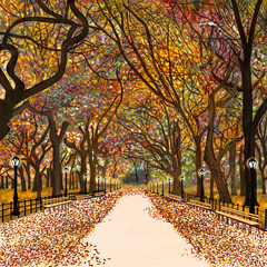 Digital illustration, artistic drawing of Central Park in fall, autumn in JPG format