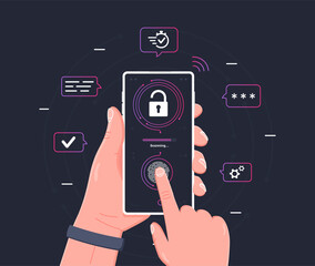 Fingerprint scanning to mobile phone. Human hand holding gadget with biometric scanning technology. Concept of under screen fingerprint scan to unlock smartphone. Vector illustration.