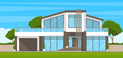 Modern cottage house exterior. A summer cottage or a beautiful two-story suburban apartment building with a veranda surrounded by beautiful nature. Country estate. Vector illustration in flat style.