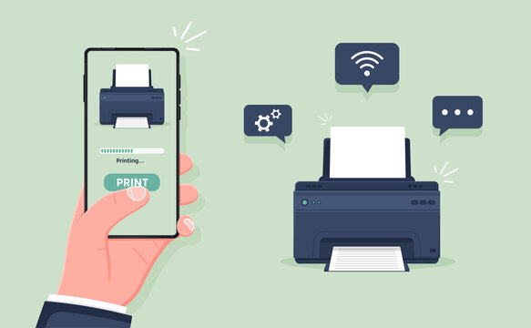 Mobile wireless print. Printer wirelessly printing document from smartphone. Air print on fax or ink jet using wifi, bluetooth, connection. Flat cartoon vector illustration.