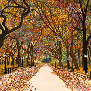 Digital Illustration, Artistic Drawing Of Central Park In Fall, Autumn In JPG Format