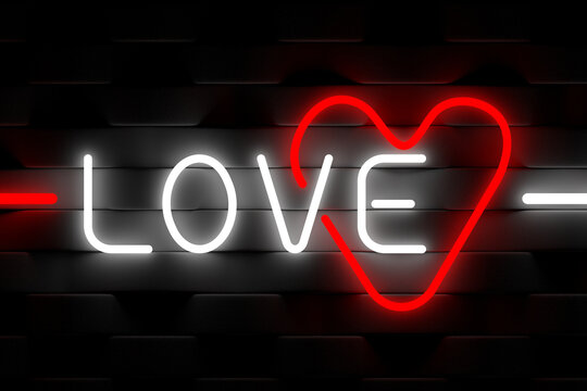 Neon glowing inscription love on black background. Valentine's day celebration concept. 3d render