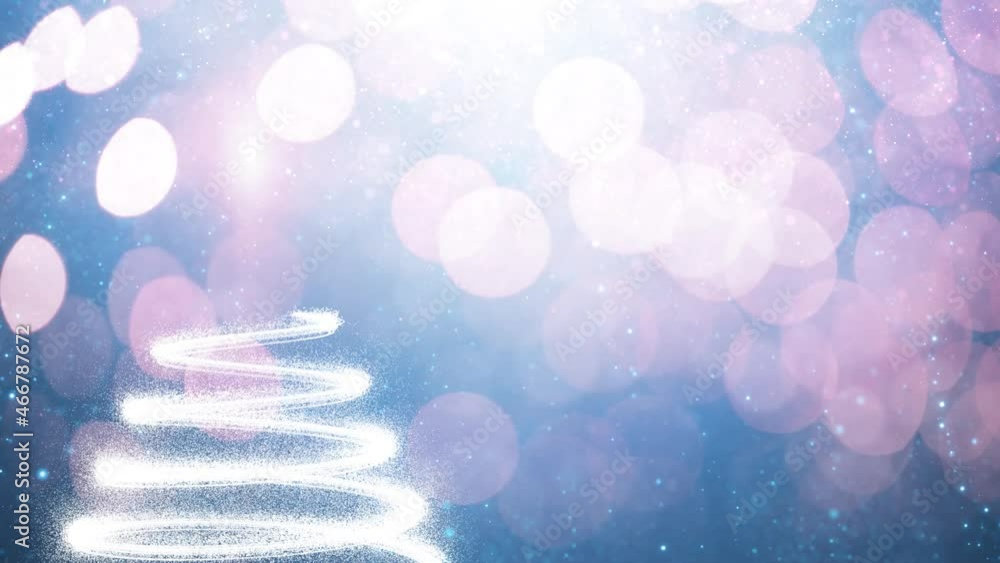 Poster animated glowing drawing of a christmas tree on bright glittering bokeh background with flickering l