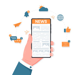 Online newspaper media. Reading newspaper on smartphone. WebReading news on mobile device concept. A hand holding smartphone with news website. Flat style vector illustration.
