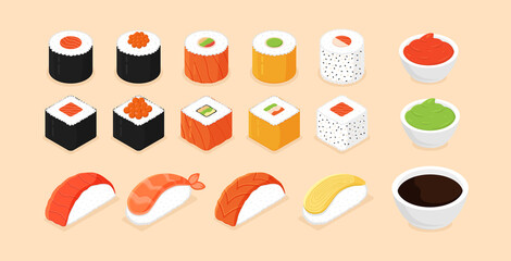 Sushi set. Isometric sushi icons on white background. Rolls with caviar of red fish, with salmon. Sushi nigiri with shrimp.Traditional japanese food. Vector illustration.