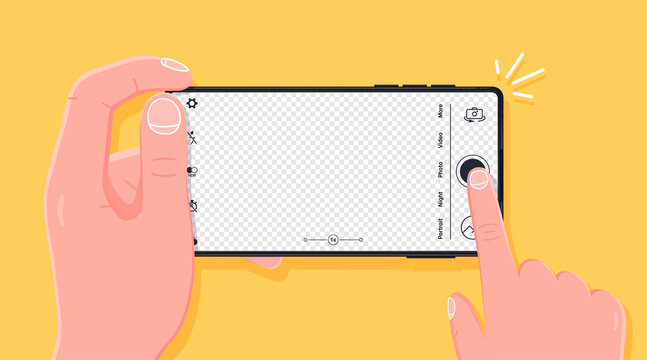 Taking photo with smartphone. Person taking a photograph with a smart phone camera from a first-person perspective. Pressing camera button, transparent background for photo. Vector illustration.