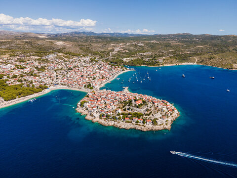 Aerial view of Primosten little town, a small village facing the Mediterranean Sea in Sibenik province, Croatia.