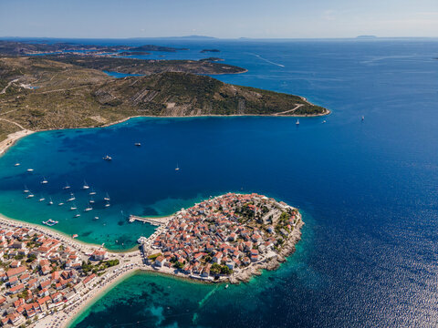 Aerial view of Primosten little town, a small village facing the Mediterranean Sea in Sibenik province, Croatia.