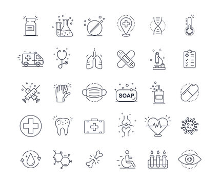 Thin line icons set of hospitals and medical care. Flat design of medicine, pharmacology, oncology, blood, medical ethics with elements for mobile concepts and web application. Vector illustration.
