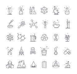 Large set of Chemistry lab and diagrammatic icons showing assorted experiments, glassware and molecules isolated on white background . Design elements, black and white style. Vector illustration.