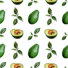 Watercolor seamless pattern with avocado and branch
