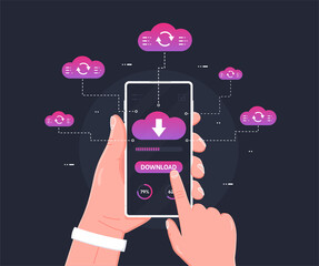 Human hand holds smartphone with cloud, arrows and progress bar on the screen. Download information, files concept for websites, web banners, infographic design. Cloud data storage.