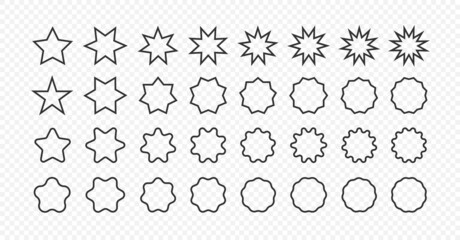Set of star shapes. Polygonal elements. Outline geometric design symbol on transparent background.  Sign for banner and sale in vector flat