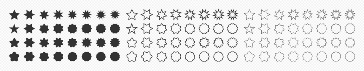 Set of star shapes. Polygonal elements. Black and outline geometric design symbol. Sign for banner and sale in vector flat