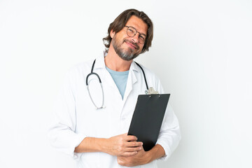Senior dutch man isolated on white background wearing a doctor gown and holding a folder