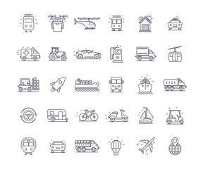 Transport set icons. Black and white with lines. Isolated on white background. Can be used for mobile concepts and web applications, brochures, social networks. Flat style vector illustration.