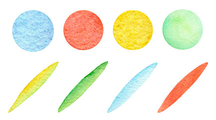 Isolated circles and drops of blue, red, yellow and green colors on a white background. Texture fill. Watercolour set.