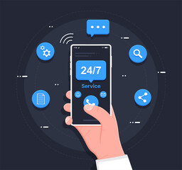 Customer service. 24-7 service concept or call center in flat illustration. A man with a phone in his hands calls the round-the-clock customer service. Vector flat style illustration.