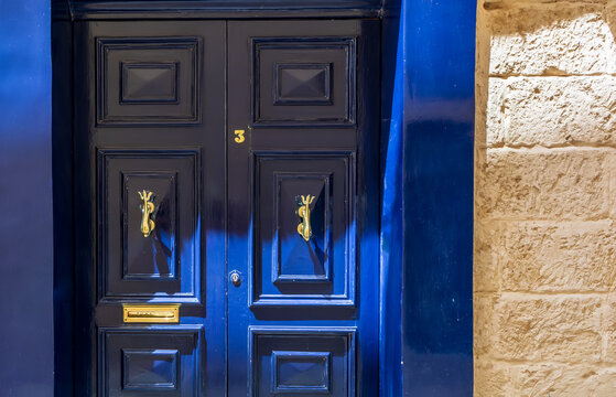 Blue Wooden Door With Golden Vintage Knockers As Dolphin With A Trident-shaped Tails And Golden Decorative Mail Slot. Navy Blue Door With Golden Hardware.