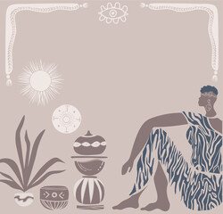 Ceramic vase and jugs, plants,abstract shapes and landscape.Contemporary collage fashion.Vector illustration.sunshine with decorative  border hand drawn animal print textile.tribal pastel nude.Pottery