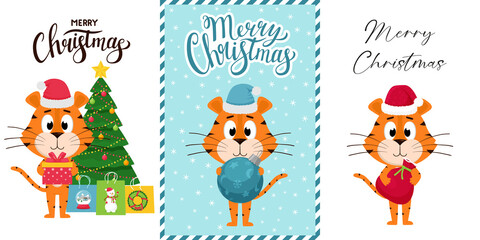 A set of New Year's Christmas postcards with a cute cartoon tiger. Vertical cards with the character Tiger - the symbol of the Chinese new year. Merry Christmas greetings. Vector illustration