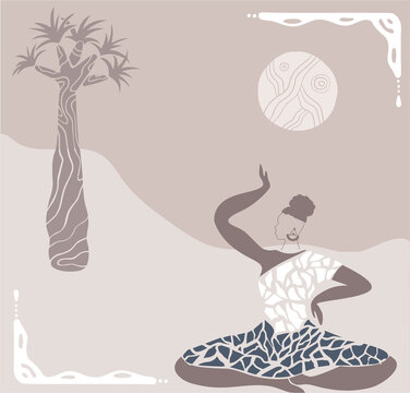 Abstract poster with African woman,minimalistic style.Contemporary collage fashion.Vector illustration.sunshine with decorative  border hand drawn animal print textile.tribal boho Baobab tree 