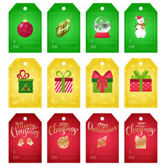 A set of gift labels for Christmas gifts. Tags with New Year elements - snow globe, snowman, gift boxes and golden hand lettering Merry Christmas. Vector illustration on red, yellow, green background.