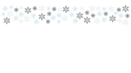 Horizontal Christmas or holiday border with black, grey and blue snowflakes along white background. Copy space. Wallpaper or backdrop design.