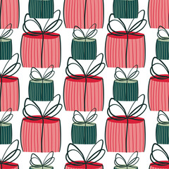Seamless pattern with hand - drawn Christmas gifts and falling snow