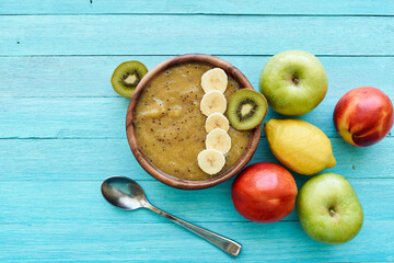 fruit dessert smoothie vitamins fresh delicacy blue background