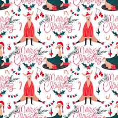 Merry Christmas cute llamas seamless pattern on white background