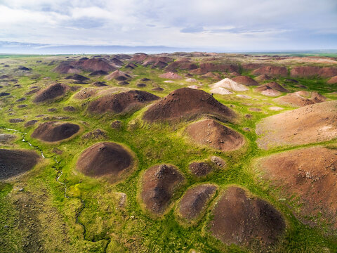Aerial view of Vatnsdalsholar, the area of uncountable hills as a result of a massive landslide long ago, north Iceland.