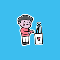 cute boy washing hand. cartoon for sticker.