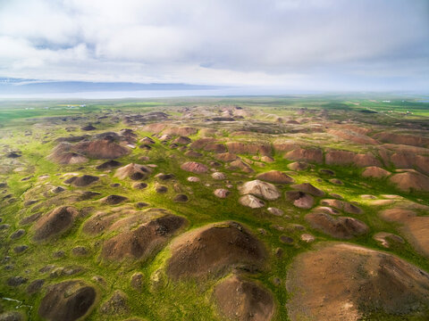 Aerial view of Vatnsdalsholar, the area of uncountable hills as a result of a massive landslide long ago, north Iceland.