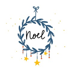 Vector card with cozy Christmas decorations with text. Lettering noel and floral wreath. Kids illustration. Scrapbook trendy collection