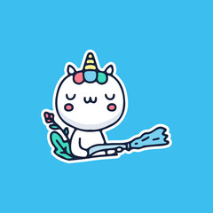 cute unicorn watering the plant. cartoon for sticker.