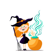 Illustration of a kid dressed as a Witch cartoon style. Halloween vector illustration