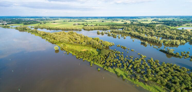 Aerial panorama of river IJssel with flooded floodplains with hawthorn during a period of high water in the summer, Duursche Waarden, Olst, Overijssel, The Netherlands.