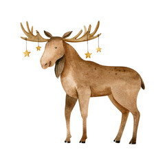 Watercolor cartoon elk with stars decoration on its horns. Hand drawn  illustration. Holiday clipart isolated on white background.