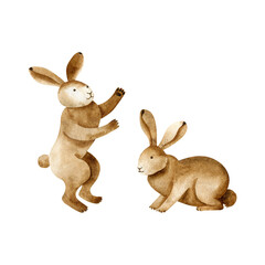 Watercolor stylized rabbits isolated on white background. Forest characters. Hand drawn clipart.