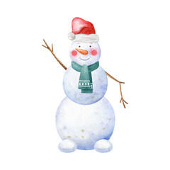 Watercolor snowman in green knitted scarf and Christmas cap is weaving branch hand. Hand drawn illustration, holiday clipart for invitations and greeting cards.