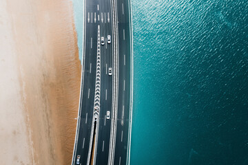Aerial view of highway section along the coast in Xiamen, Fujian, China.
