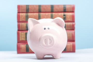 Piggy bank and book. Education, college fund saving concept. Copy space for text