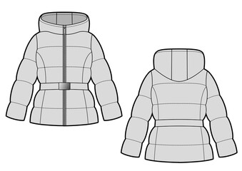 Womans belted elegant hooded down jacket. © Olesya