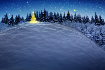 Christmas background with white snow and winter trees.