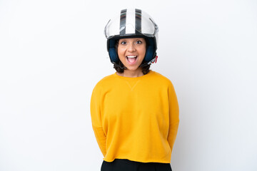 Woman with a motorcycle helmet with surprise facial expression