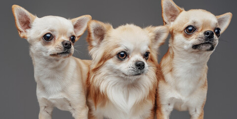 Group of four purebred chihuahua dogs against gray background