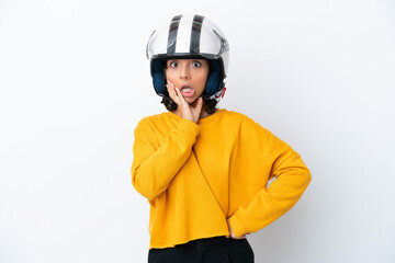 Woman with a motorcycle helmet surprised and shocked while looking right