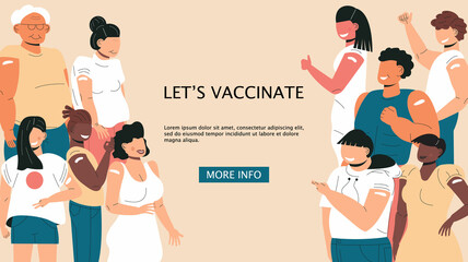 After vaccination concept vector. Coronavirus vaccine company. Injection in shoulder was successfully. Multi races of women and men after getting vaccine. - obrazy, fototapety, plakaty